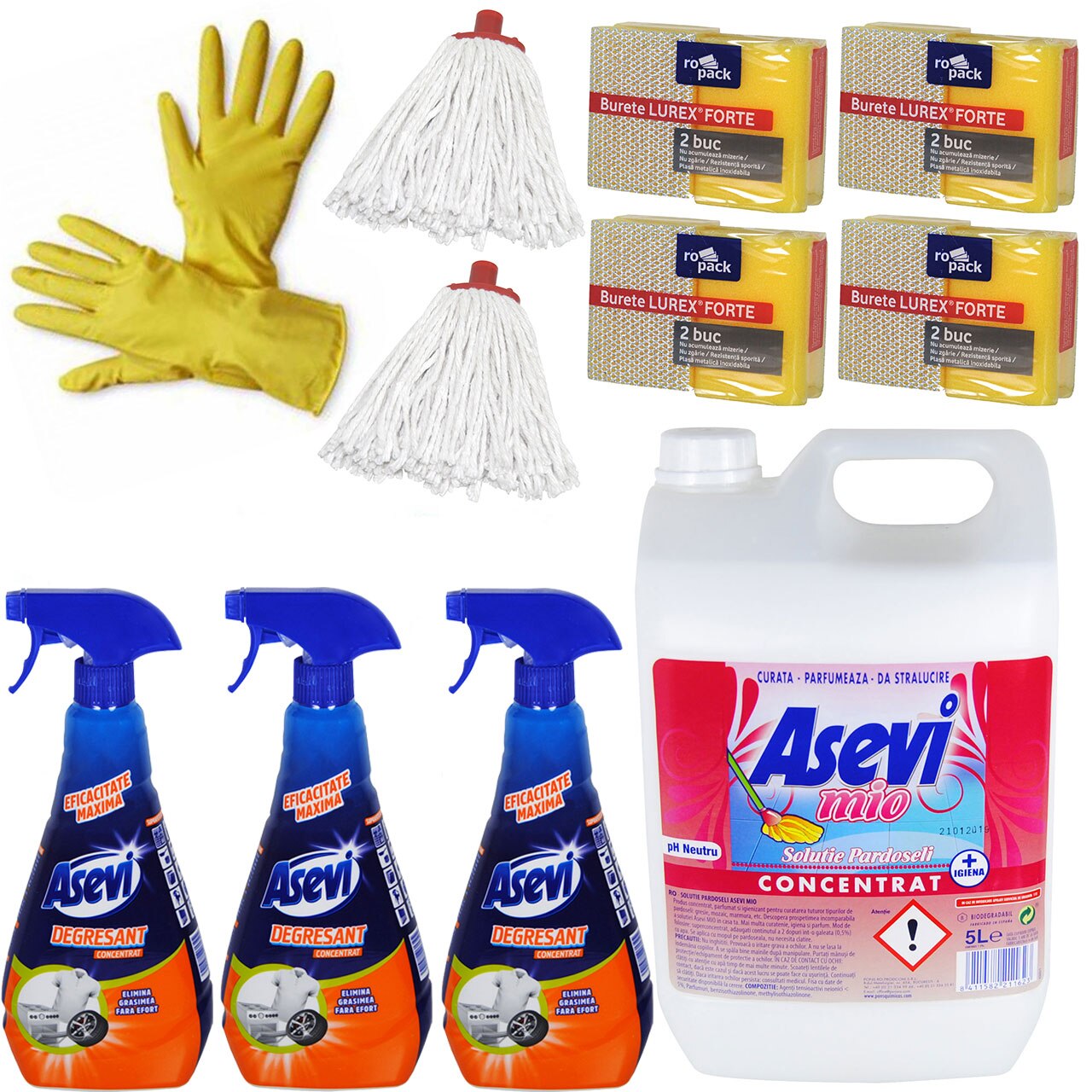 Pachet - 3 x Asevi Degresant superconcentrat, 750ml + Asevi Mio Solutie pardoseli, 5L + 4 x Set Bureti de vase, 2buc/set + 2 x Mop bumbac, 160g + Manusi menaj uz casnic